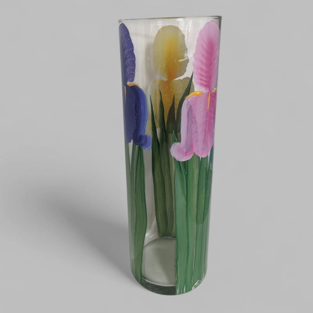 Vintage Original Hand Painted Botanical Iris Flower Glass Vase Signed For Sale In Charlotte - Image 6 of 17