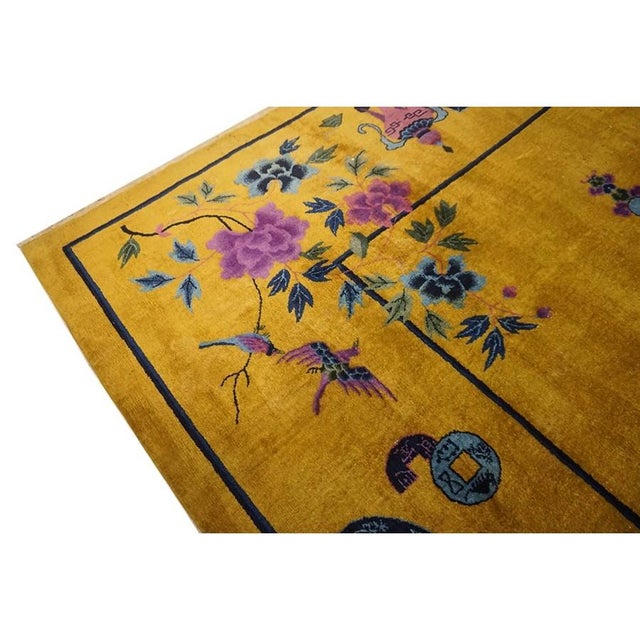 1920s 1920s Bold Yellow Floral Modernist Antique Chinese Art Deco Knotted Rug Carpet For Sale - Image 5 of 9