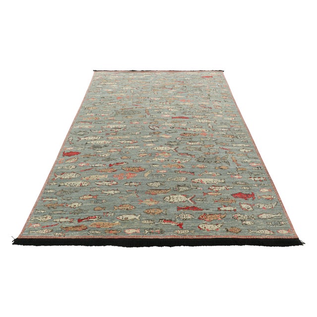 Illustration Rug & Kilim’s Pictorial Art Rug in Blue With Polychromatic Fish Illustrations For Sale - Image 3 of 3