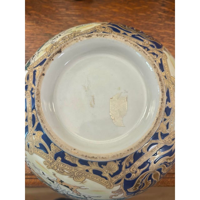 Vintage Chinoiserie Porcelain Equestrian Fox Hunt Scene Bowl in Cobalt Blue & Gilt For Sale - Image 12 of 12