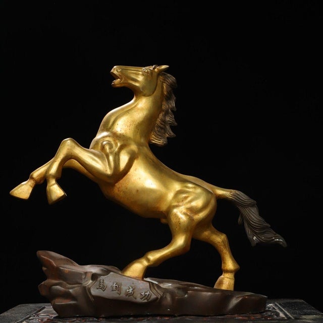 Large Vintage Gilt Brass Galloping Horse Sculpture - Feng Shui "Success" Statue on Base For Sale - Image 4 of 9