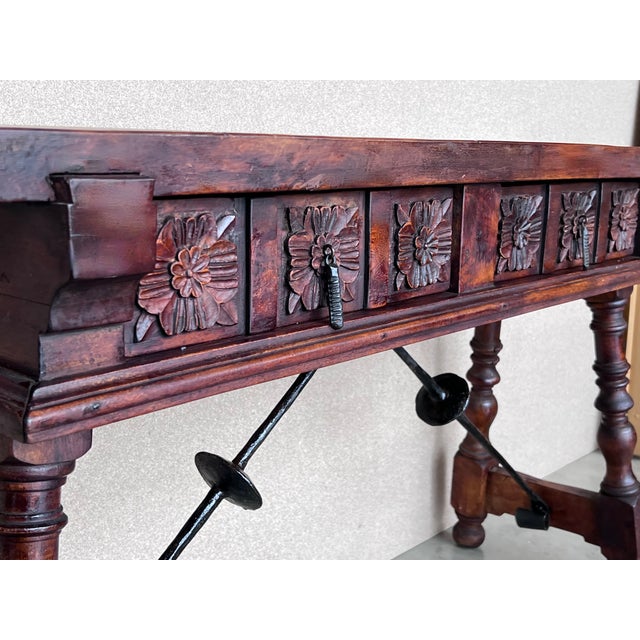 Late 19th Century 19th Spanish Console Table With Two Carved Drawers and Original Hardware For Sale - Image 5 of 11
