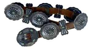 1930s Antique Silver and Turquoise 11 Concho Belt