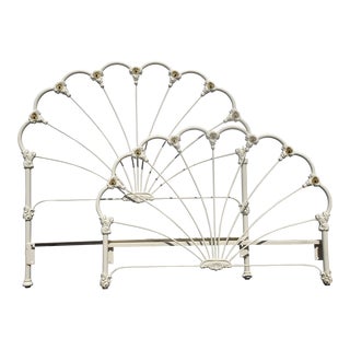 Vintage Elliott's Designs French White Iron Brass Full Sunburst Headboard & Footboard For Sale
