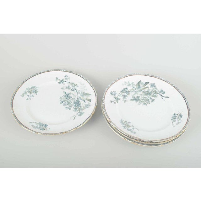 Gustavsberg “Wexiö” faience, c. 1900. Five lunch plates in faience with printed decoration of a bird and flowering branch...