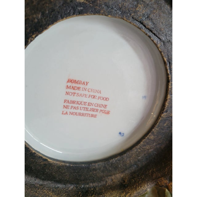 Metal Vintage Bombay Company Large Porcelain Chinoiserie Blue White Brass Rim Decorative Bowl For Sale - Image 7 of 7