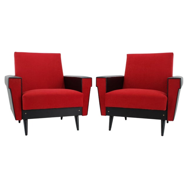 Set of Leatherette and Red Fabric Armchairs, Czechoslovakia, 1970s For Sale - Image 15 of 15