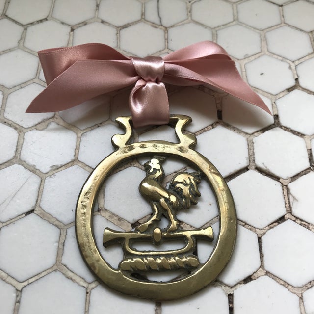 Shabby Chic Antique English Horse Brass Christmas Ornament Rooster Cock Trumpet For Sale - Image 3 of 7