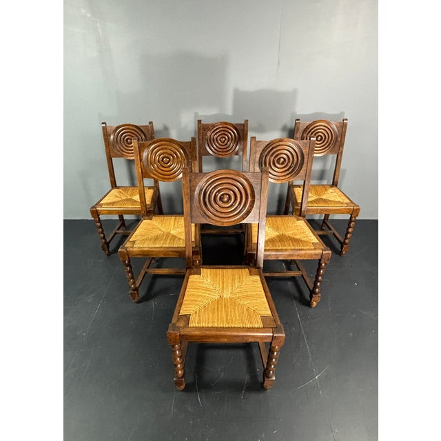 French Farmhouse Turned Wood and Rush Dining Chairs in the style of Charles Dudouyt, 1950s, Set of 6 For Sale - Image 6 of 18