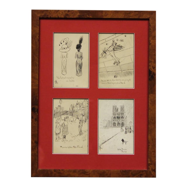 1910s Four Postcard Framed Drawings For Sale