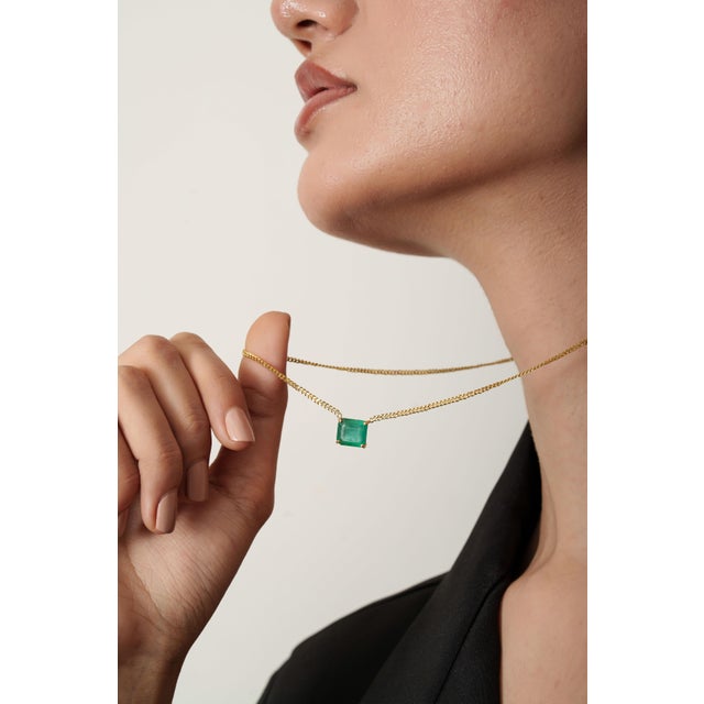 Mid-Century Modern Swedish Modern Asscher Cut 3.27 Carats Emerald Solitaire Necklace in 14k Solid Gold For Sale - Image 3 of 15