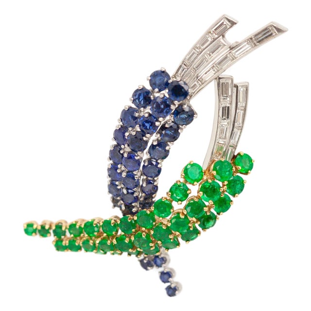 1960s Platinum and 18k Yellow Gold Sapphire Emerald and Diamond Brooch For Sale
