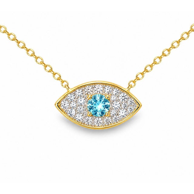 Mid 20th Century 14k Yellow Gold Blue Topaz Diamond Evil Eye Necklace Estate For Sale - Image 4 of 4