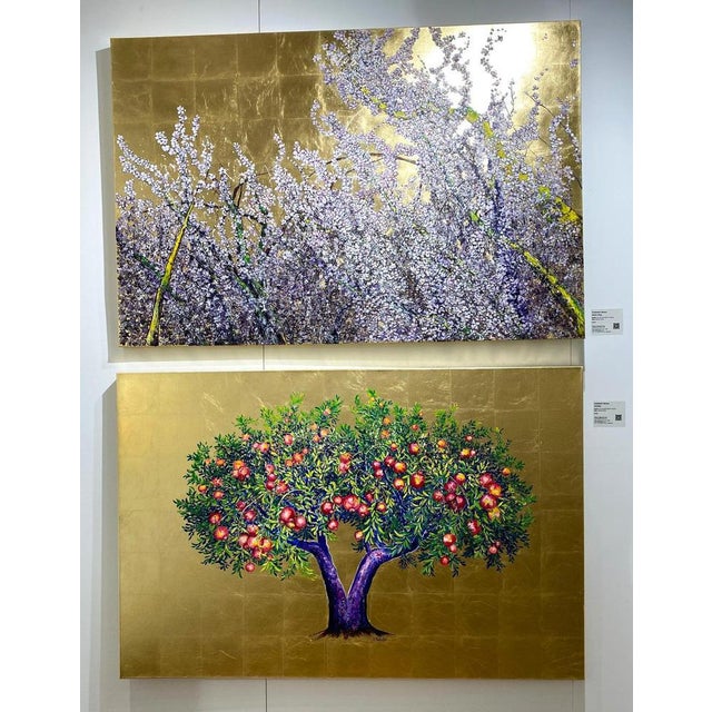 "Fertility" is a stunning painting depicting a vibrant pomegranite tree in the center, surrounded by a rich gold...