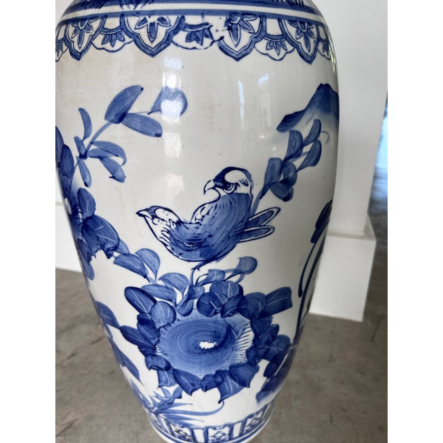 Ceramic Vintage Hand-Painted Chinoiserie Floor Vase With Blue & White Floral and Avian Motif For Sale - Image 7 of 12