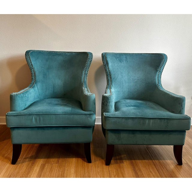 Hollywood Regency Pair of Teal Velvet Wingback Accent Chairs With Nailhead Trim For Sale - Image 3 of 7