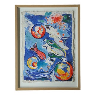 Dagmar Glemme, Composition with Fish and Faces, Color Lithograph, Framed For Sale