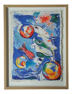 Dagmar Glemme, Composition with Fish and Faces, Color Lithograph, Framed