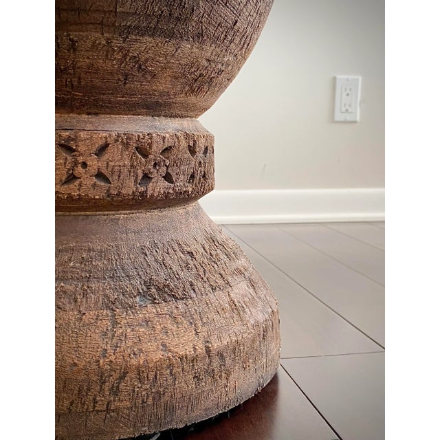 Brown Made Goods Marek Mango Wood Drum Side Table – Sculptural Carved Pedestal, Organic Modern For Sale - Image 8 of 13