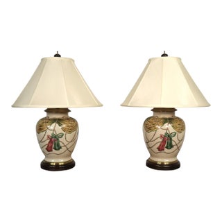 Vintage Pair Wildwood Hand Painted Ceramic Tassel Table Lamps 80's 90's Hollywood Regency Neoclassical Traditional For Sale