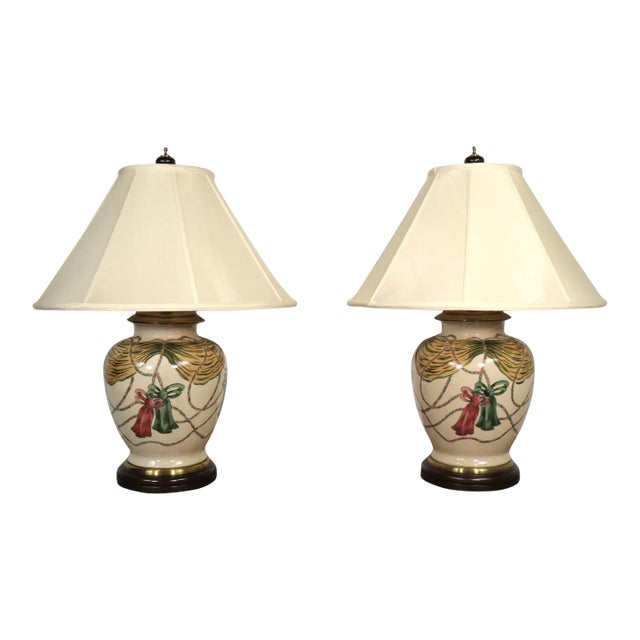 Vintage Pair Wildwood Hand Painted Ceramic Tassel Table Lamps 80's 90's Hollywood Regency Neoclassical Traditional For Sale