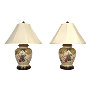 Vintage Pair Wildwood Hand Painted Ceramic Tassel Table Lamps 80's 90's Hollywood Regency Neoclassical Traditional