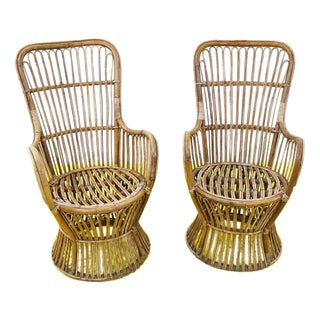 High Woven Bamboo Armchairs with Circular Bases, Set of 2 For Sale