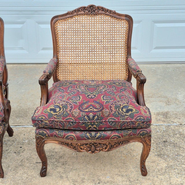French Late 20th Century Louis XV Carved Walnut Cane Back Arm Chairs Fauteuils, a Pair For Sale - Image 3 of 18