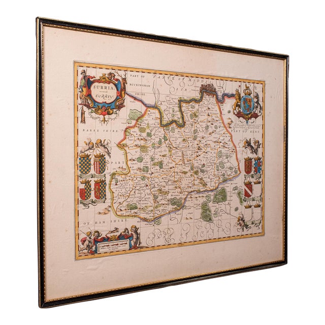 Antique Map of Surrey, English, Framed County Cartography, After Blaeu, c.1690 For Sale
