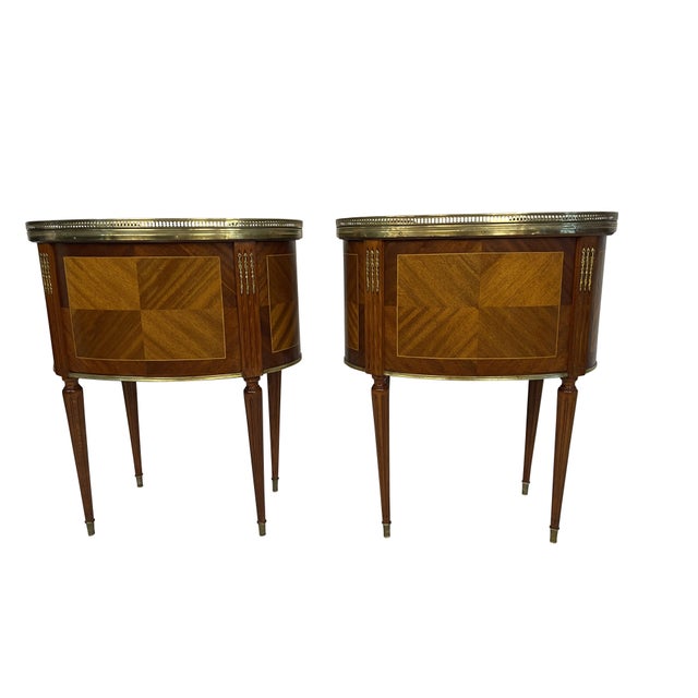 Early 20th Century Louis XVI Style End or Bedroom Side Tables with Marble and Brass Gallery Tops - A Pair For Sale In Boston - Image 6 of 18