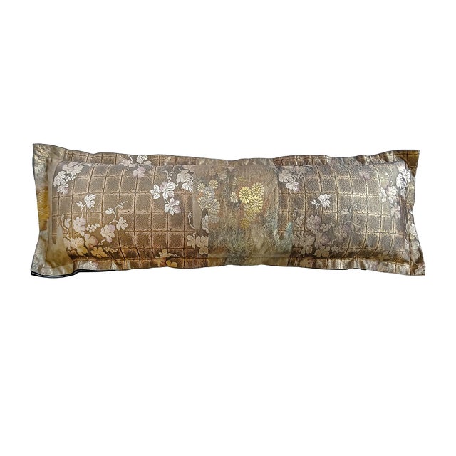 Japanese Silk Bolster Pillow, Gold Brocade, 1920s Obi For Sale - Image 13 of 15