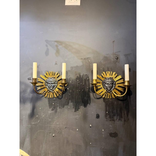 Metal 1930 Louise XIV Style Sunburst Shape Bronze Sconces 2 Lights For Sale - Image 7 of 8