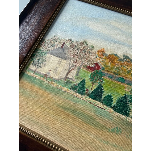 American Folk Art Farm Signed Oil Painting, Circa 1968 For Sale - Image 3 of 11