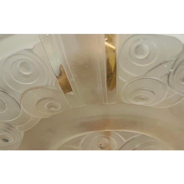1930s Signed Sabino France Art Deco Frosted Glass Plafonnier Chandelier – Sculptural 3-Light Pendant For Sale - Image 9 of 10