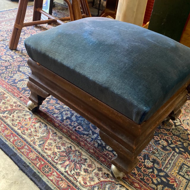 Rustic 1970s Blue Covered Wooden Ottoman on Wheels For Sale - Image 3 of 6