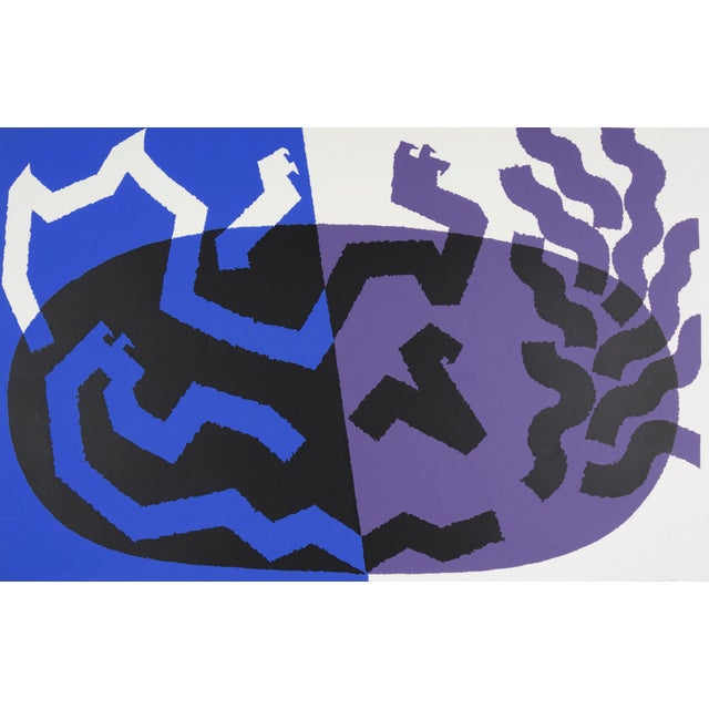 "Kitty Cat" - 1979 Abstract Expressionist Lithograph on Paper Blue and purple abstract expressionist lithograph by Sidney...