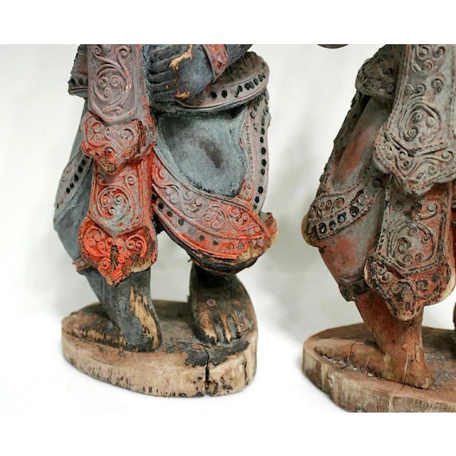 Beige Antique Wood Teppanom / Guardian Thai Angels, Statues or Figures - A Pair 18" For Sale - Image 8 of 10