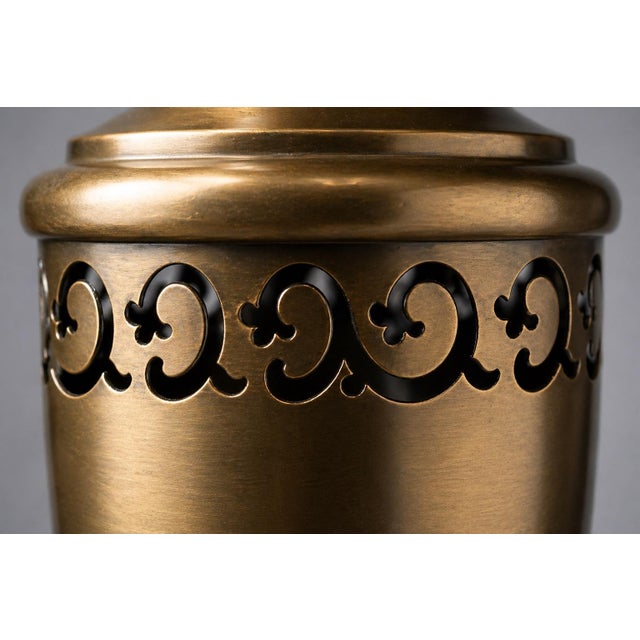 Traditional Vintage Transitional Urn Table Lamp in Antique Brass With Pierced Metal Frieze & Linen Drum Shade — 27” - a Pair For Sale - Image 3 of 9