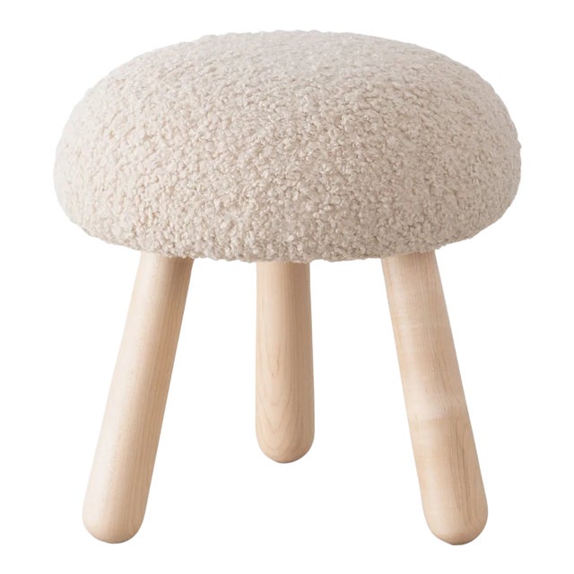 Wooly Ottoman in Natural Faux Lambswool & Maple by Object Refinery For Sale