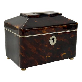 Dutch Dome-Top Faux Tortoiseshell Tea Caddy With Mounts, Circa 1830 For Sale