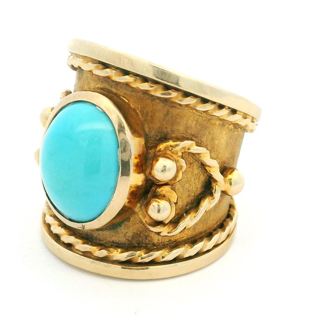 Vintage Italian 18k Gold Turquoise Etruscan Revival Statement Ring, Size 8.5 For Sale In Miami - Image 6 of 10