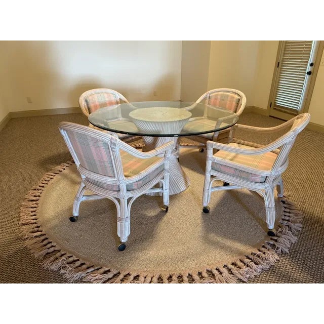 1980s Rattan Dining Table W/4 Rolling Chairs - Set of 6 McGuire Furniture For Sale - Image 15 of 16