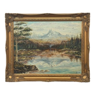 Mountain Lake Forest Landscape Scene - Vintage 20th Century Oil Painting 1970 For Sale