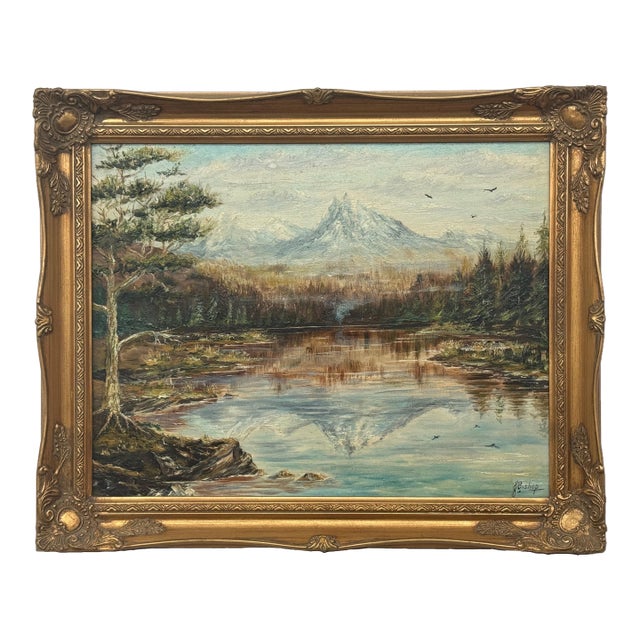 Mountain Lake Forest Landscape Scene - Vintage 20th Century Oil Painting 1970 For Sale