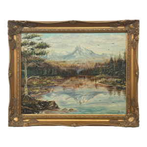 Mountain Lake Forest Landscape Scene - Vintage 20th Century Oil Painting 1970