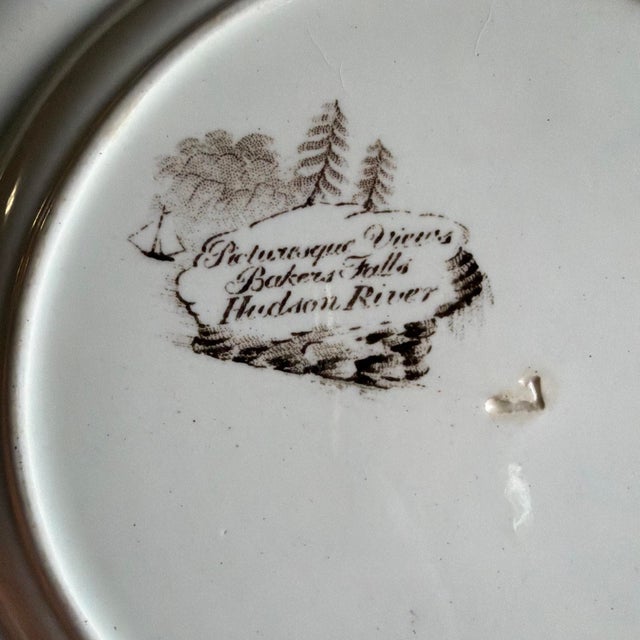 Brown Antique Brown Transferware Staffordshire Plate, "Baker's Falls, Hudson River" For Sale - Image 8 of 14