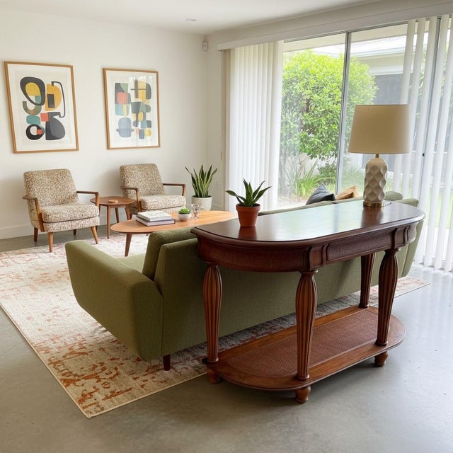 Traditional Vintage Oak Demi Lune Console Table-Rattan Shelf-Entryway-Coastal Boho-Sofa-Hall For Sale - Image 3 of 10