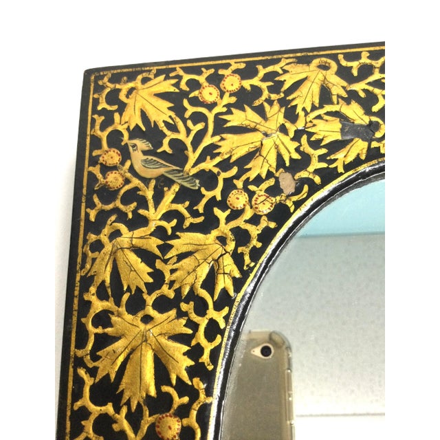 1900 - 1909 Antique Kashmir Gold Vermilion Hand Painted Over Black Lacquer Mirror For Sale - Image 5 of 12