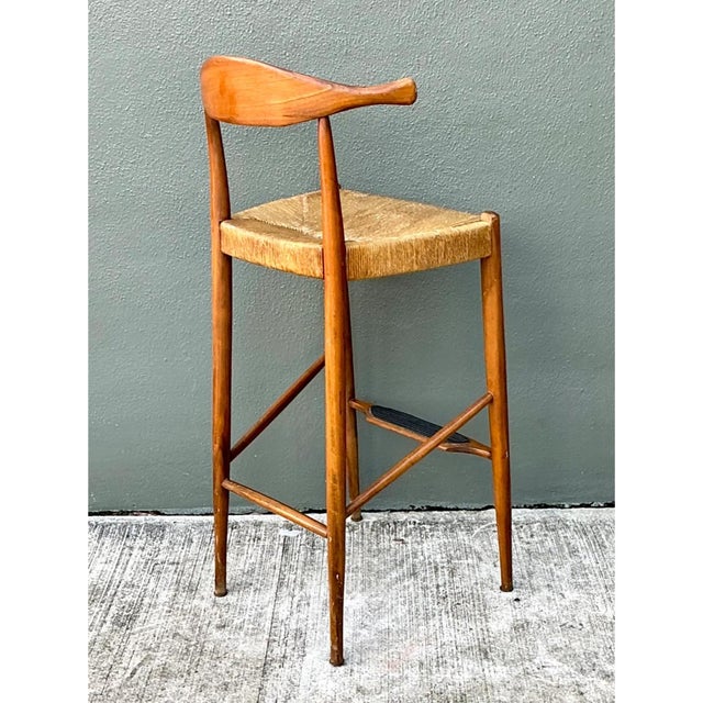 Mid 20th Century Vintage MCM Wood and Rush Bar Stool For Sale - Image 5 of 12