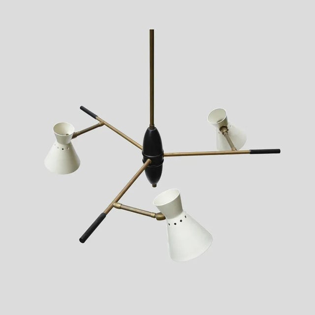 1950s ceiling light 3 white colour enamelled shades with black enamelled detail on a brass metal structure, Italian design...
